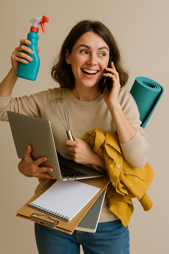 multitaskende vrouw met armen tekort