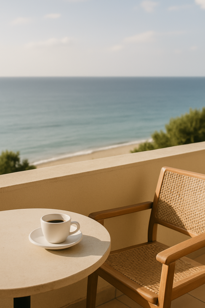 kopje koffie aan zee op het balkon