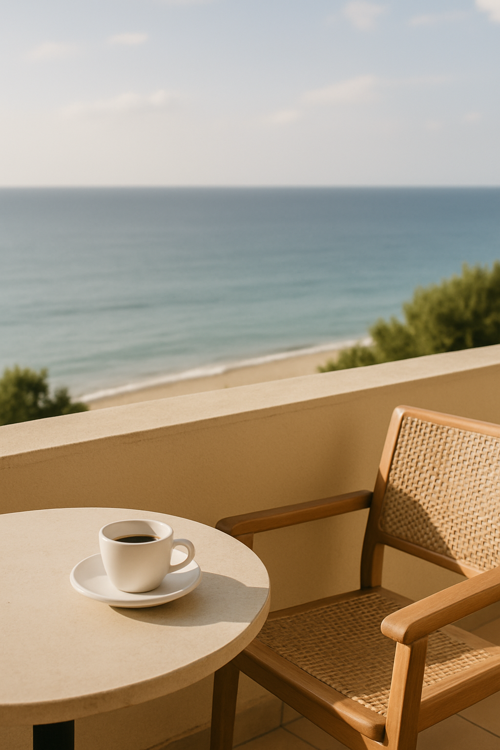 kopje koffie aan zee op het balkon